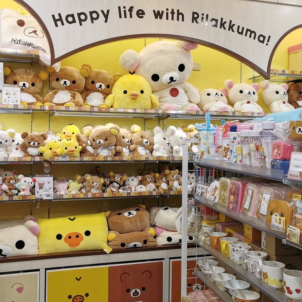 Kiddy Land in Tokyo with shelves of Rilakkuma plush toys and character-themed mugs and bento boxes.