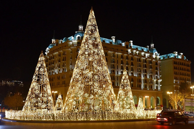 Baku decorated with lights and New Year trees in winter